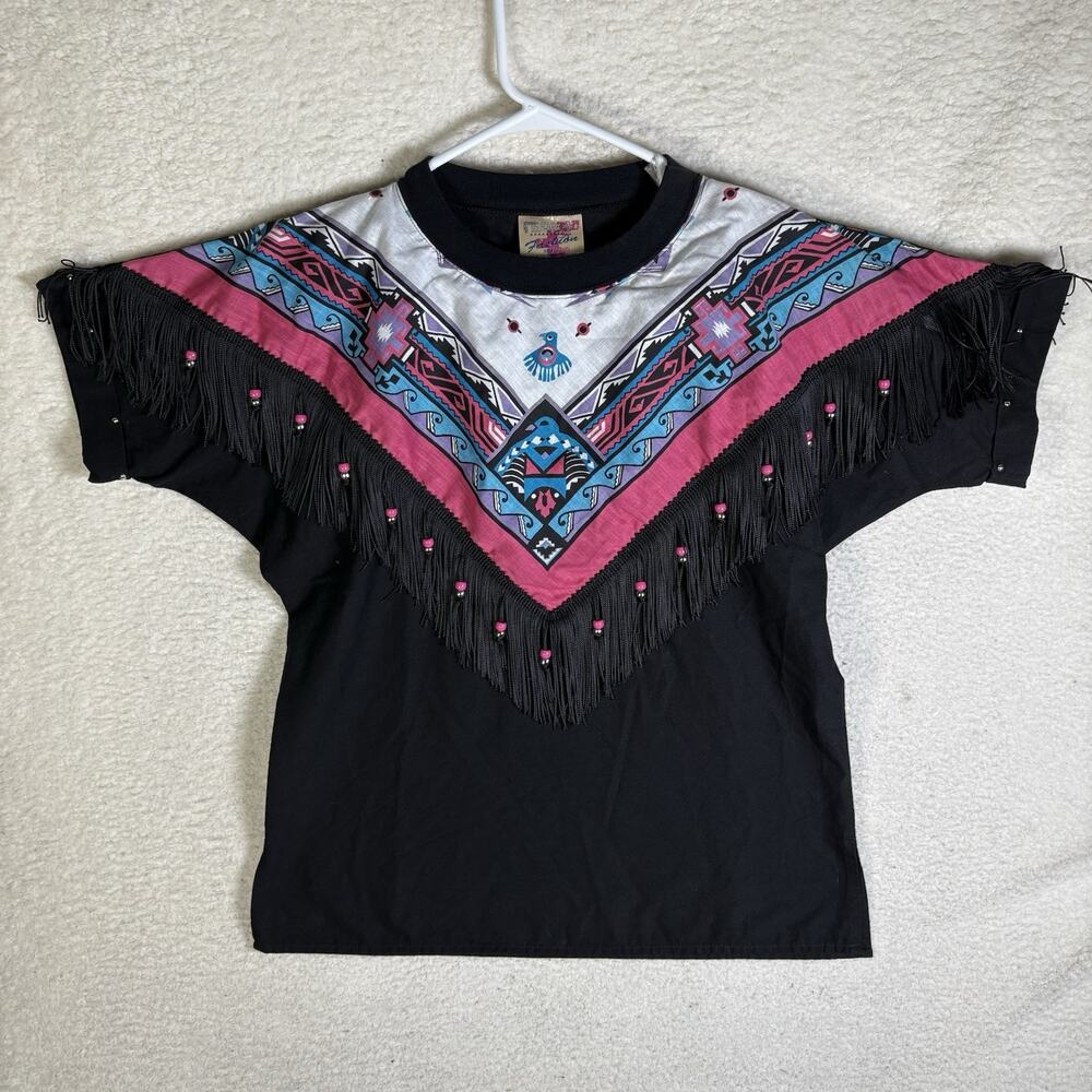 Hazelwood Southwestern Shirt Womens Small Black Fringe Aztec Short Sleeve